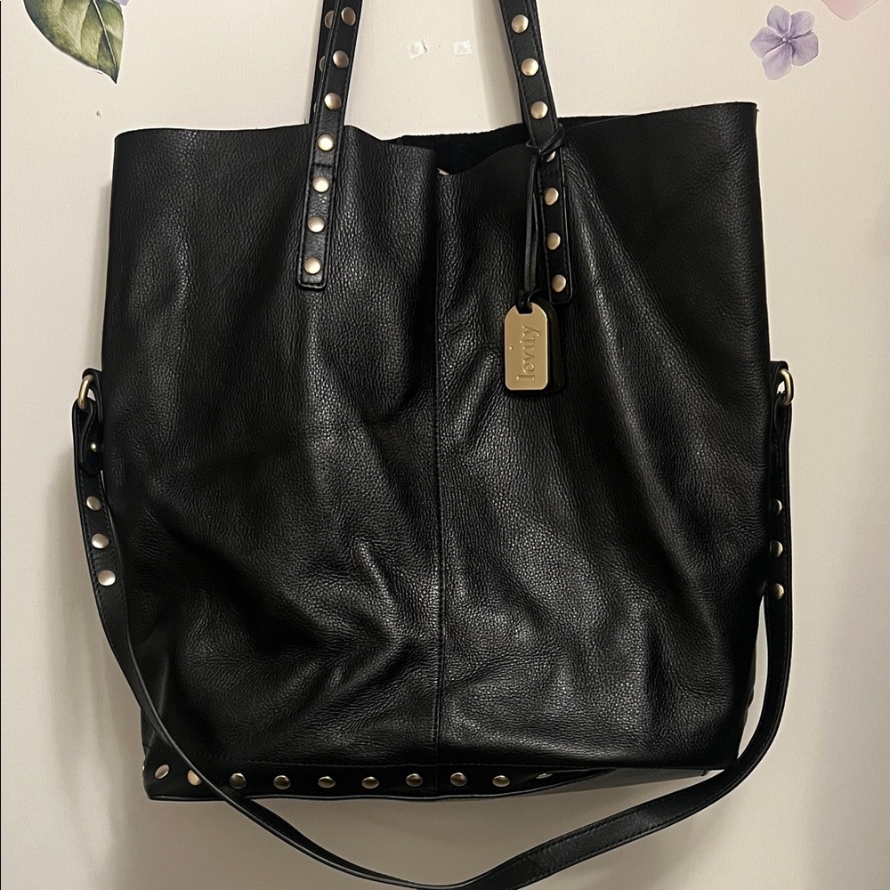 levity Black Leather Studded Tote with crossbody Strap